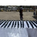 Some of the 204 pump-action rifles recovered by the Nigeria Customs Service after they were found concealed among household goods at the Tin Can Island Port, Lagos.