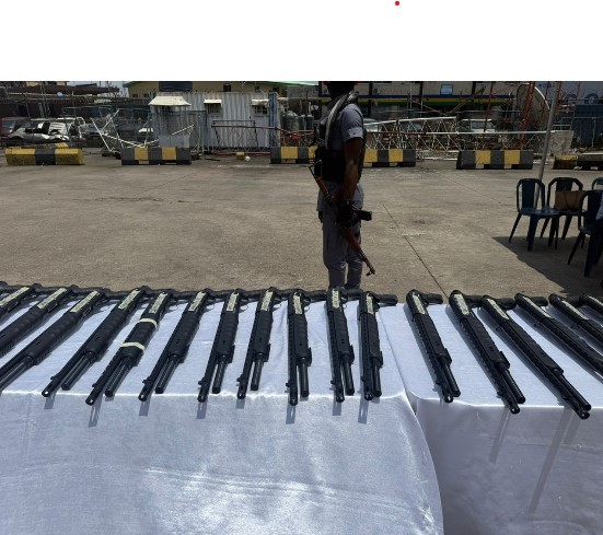 Some of the 204 pump-action rifles recovered by the Nigeria Customs Service after they were found concealed among household goods at the Tin Can Island Port, Lagos.