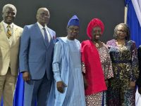 From left: Prof. Oladapo Ashiru; former Vice-Chancellor, University of Lagos; NUC Director-General, Prof. Oluwatoyin Temitayo Ogundipe, Professor of Anatomy, Professor Olugbenga Abayomi Okanlawon; his wife; and Prof. Folasade Tolulope Ogunsola, Vice-Chancellor, University of Lagos, at the valedictory symposium and retirement celebrations in honour of Professor Okanlawon in Lagos last week.